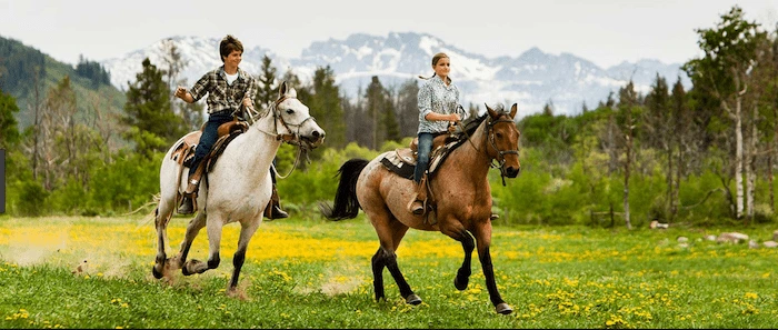 Confident plus-size woman riding Perth a horse through a field with a smile on her face.